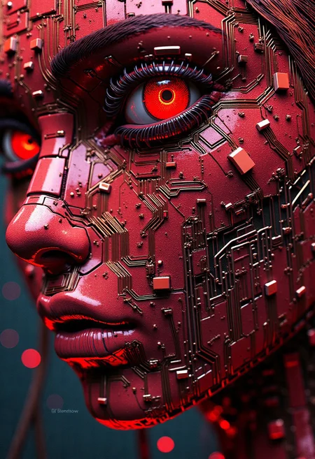 nistyle, hyperreal textile-digital hybrid style with precise stitch simulation and reflective surface rendering – a humanoid face woven from deep red velvet and gold-threaded circuit boards, eyes built from layered clear resin and flickering micro-LEDs, jaw unzipping into soft silk wires, background a seamless gradient like theater lighting, fabric folds highly tactile, every shadow and reflection handled with studio precision – 85mm lens clarity, macro depth of field, controlled sheen simulation
S1n0z1ck style