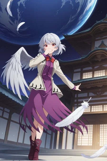 absurdres, highres, masterpiece, best quality, amazing quality, official anime artwork, screencap, anime screencap, dynamic pose, earth, starry sky, star, feather, light particles,
<lora:Sagume-Kishin_Illustrious:1> kishin sagume, 1girl, solo, red eyes, grey hair, short hair, french braid, single wing,, red bowtie, white jacket, long sleeves, purple dress,
covering lips, looking at viewer, eastern architecture,