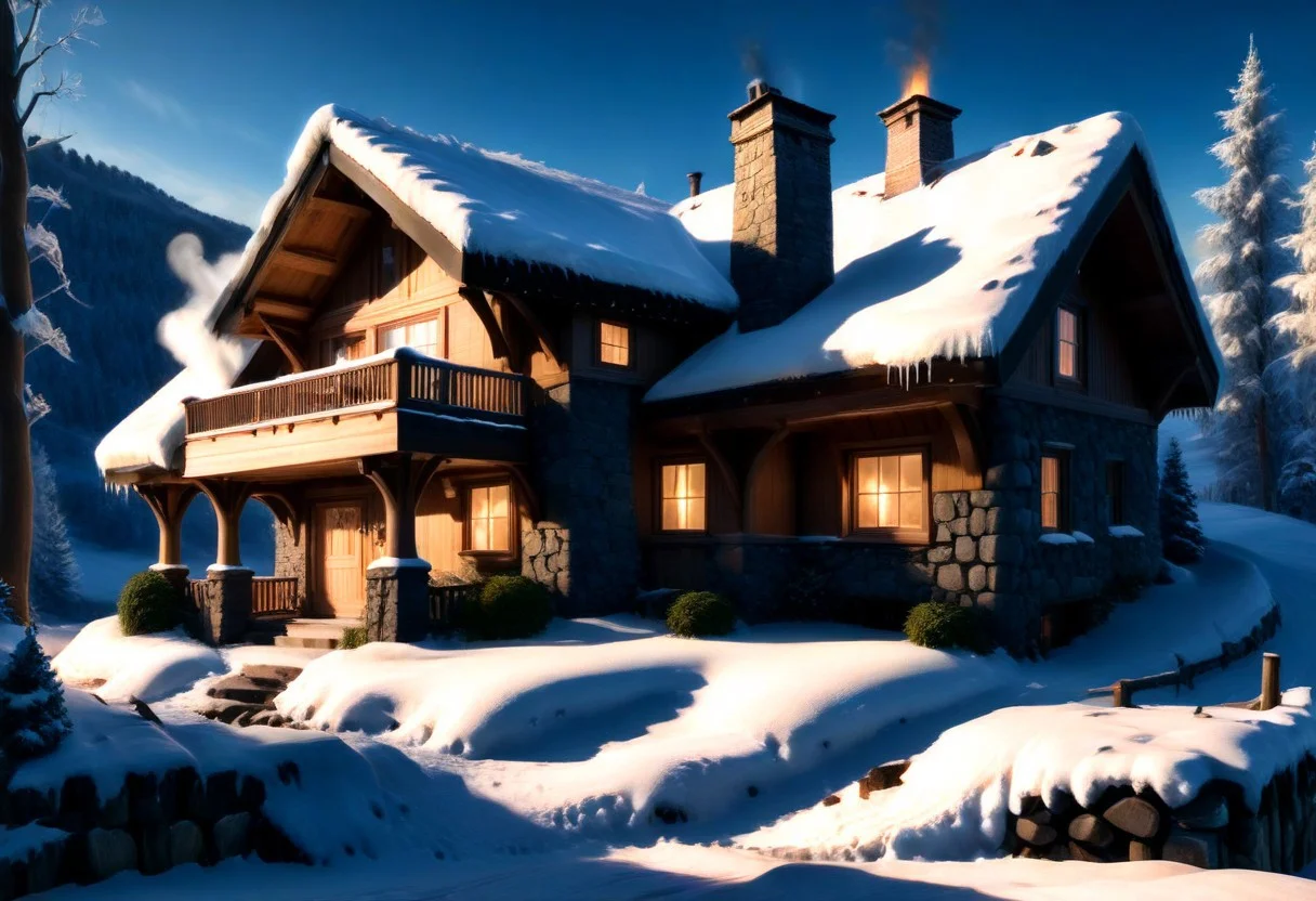 ultra realism, high resolution, photorealism, 8K, perfect detail, stable focus of a house, one-story, multi-story, on a slope, built of stone and wood, correct and accurate detail of objects, season winter, accumulated snow, snow-covered trees, light through the windows at night, bushes, chimney, smoke from the chimney,, icicles on the haunted house, stacked split wood, dog house, husky dog ​​playing in the snowdrifts, correct and accurate anatomy