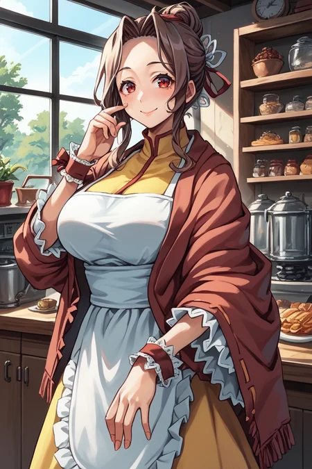 score_9, score_8_up, score_7_up, score_6_up, source anime, BREAK, <lora:Mistel:0.7> , misdef, 1girl, long hair, brown hair, red eyes, hair bun, hair ribbon, ribbon, dress, yellow skirt, frilled cuffs, red shawl, white apron, apron, (cowboy shot), looking at viewer, smile, happy, mommy, motherly, closed mouth, serene, large breasts, (mature woman), <lora:zy_Detailed_Backgrounds_v1:0.3> , detailed background, highly detailed, indoor, bedroom, <lora:y0tt4:0.8> , y0tt4, <lora:backgroundsetXL:0.3> , background, repository, factory
