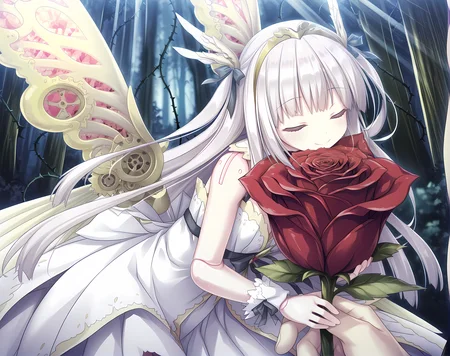 size difference,<lora:Lilica>,lilica,doll outfit,small breasts,doll joints,mechanical fairy wings,white hair,long hair,bangs,two side up,tiara,light rays,window,(dark shadows:0.7),(high contrast:0.7),volumetric lighting,intricate details,blurry background,depth of field,flying,forest,plant,tree,closed eyes,smile,smelling,rose growing out of ground,thorns,large flower,forest trail,flower,red flower,flower focus,1boy,boy holding rose,, masterpiece,best quality,amazing quality, very aesthetic, absurdres,detailed eyes,ultra-detailed,
