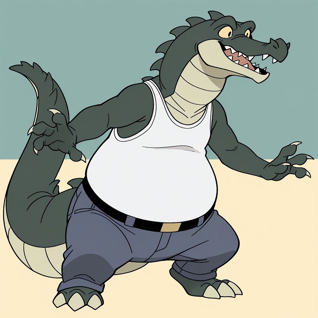 1boy, solo, official art, masterpiece, best quality, amazing quality, male, males only, male focus, Carv, crocodile, scalie, green skin, tan belly scales, head spikes, tail spikes, claws, tan claws, 4 fingers, 3 toes, tan sclera, black pupils, long snout, sharp teeth, long tail, bottom heavy, overweight, big belly, white tank top, blue jeans, belt, male, solo, high quality, detailed, amazing shading, digital art, masterpiece