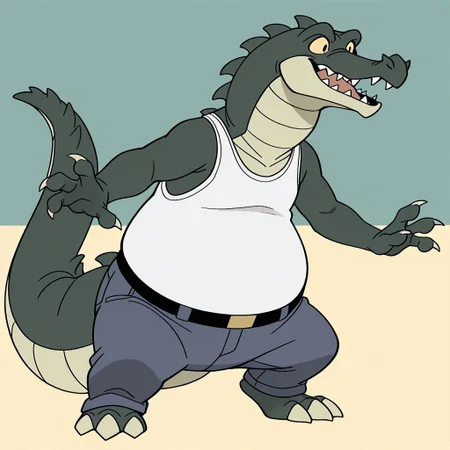 1boy, solo, official art, masterpiece, best quality, amazing quality, male, males only, male focus, Carv, crocodile, scalie, green skin, tan belly scales, head spikes, tail spikes, claws, tan claws, 4 fingers, 3 toes, tan sclera, black pupils, long snout, sharp teeth, long tail, bottom heavy, overweight, big belly, white tank top, blue jeans, belt, male, solo, high quality, detailed, amazing shading, digital art, masterpiece