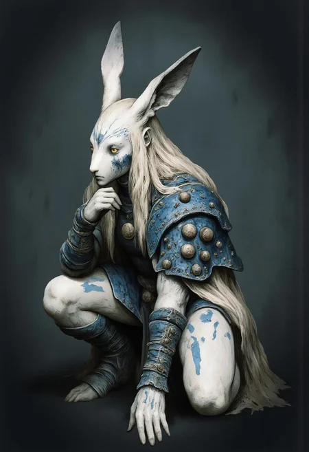 MikeFranchinastyle, Surreal art, d4artstyle, d4concept, , made of clay, aidmaMJ6.1, ZBClay model of a gray sculpture, Kentaro Miura, berserk style, ral-mold
a crouching anthropomorphic rabbit character with a blend of fantasy and warrior themes. This character has tall, expressive white rabbit ears and long, flowing platinum blonde hair that frames their intense golden eyes. They wear a dark, intricately detailed outfit with armor-like patterns, blending dark leather with silvery embellishments. Blue markings on their skin accentuate the character's fierce and mystical aura, while patches of darker fur on the cheeks give them a unique appearance.
The attire includes a fitted jacket with silver filigree on the sleeves and shoulders, paired with thigh-high white stockings and sturdy, clawed boots. The character's posture is contemplative, with one hand supporting their chin, enhancing their mysterious and introspective demeanor. The overall color palette features soft whites, deep grays, and metallic highlights, suggesting a character who is both graceful and powerful.
Background solid color with a faded dimly lit, black-covered darkness tone that emphasizes its silhouette. The medium is not a traditional painting or illustrative medium like watercolor or ink but rather a digital rendering, eerie and unsettling.