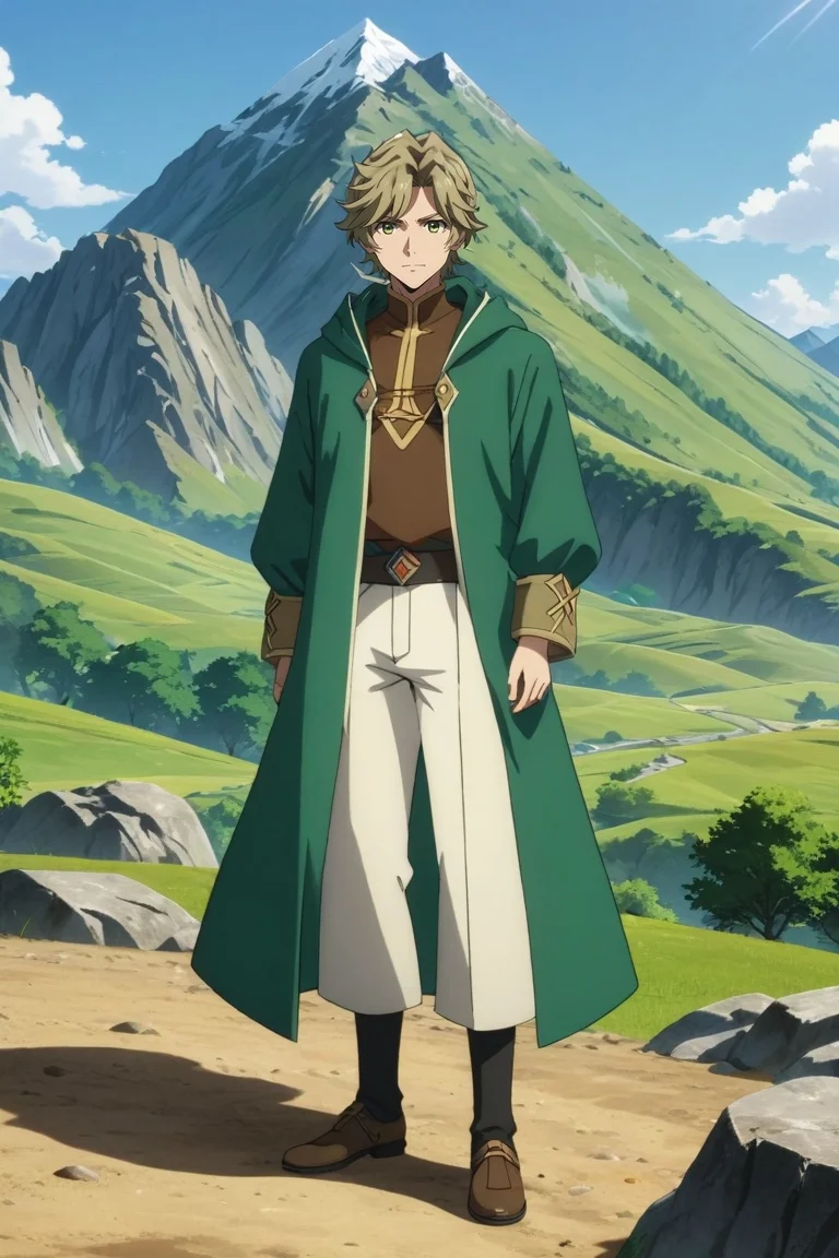 score_9, score_8_up, score_7_up, source_anime, rating_safe, , anime screencap, anime coloring, official style, looking at viewer, , 1boy, solo, male focus, <lora:itsuki_kawasumi_pony:0.9>, itsuki_kawasumi, green hair, green eyes, straight-on, full body, mountain, dark, twisted torso, smirk, , <lora:sdxl_lightning_8step_lora:1>
