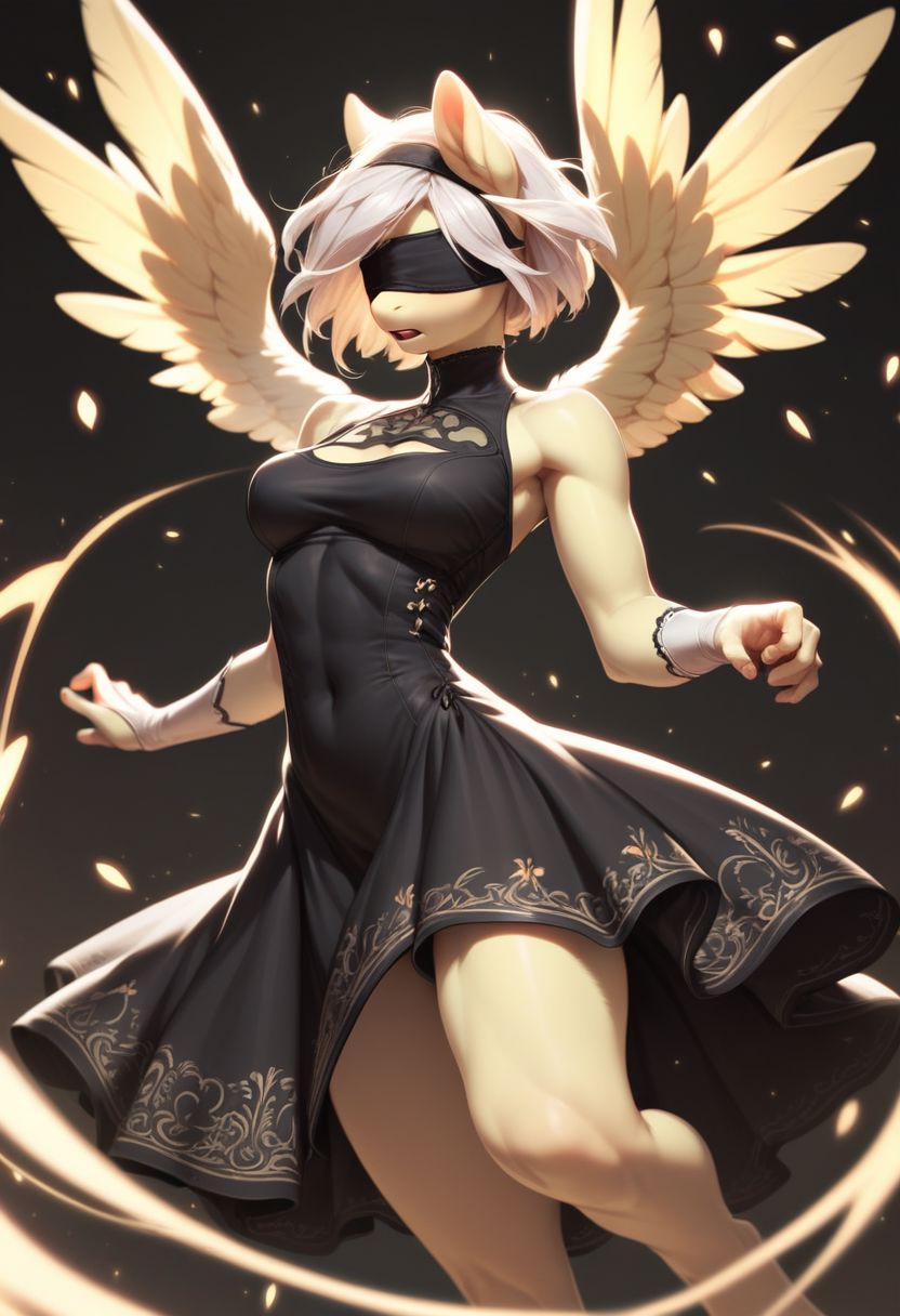 score_9, score_8_up, score_7_up, score_5_up, FLuttershy, pony, antro, 2BNAXL, blindfold, white hair, short hair, black dress, extremely detailed face, high quality, dynamic pose,