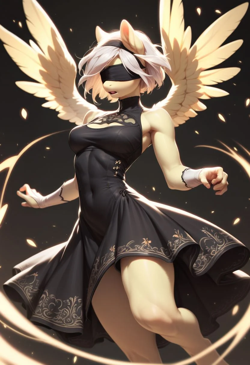 score_9, score_8_up, score_7_up, score_5_up, FLuttershy, pony, antro, 2BNAXL, blindfold, white hair, short hair, black dress, extremely detailed face, high quality, dynamic pose,