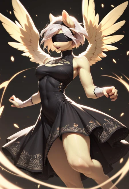 score_9, score_8_up, score_7_up, score_5_up, FLuttershy, pony, antro, 2BNAXL, blindfold, white hair, short hair, black dress, extremely detailed face, high quality, dynamic pose,