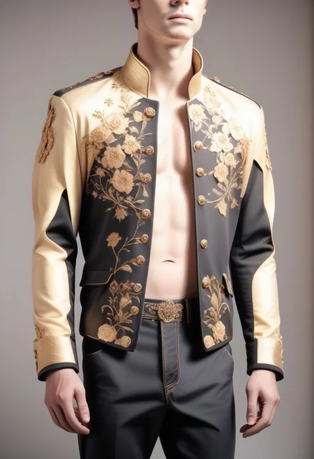 score_9, score_8_up, score_7_up, score_6_up,  (realistic photo), BREAK cinematic, highly professional, high contrast, BREAK lo-fi, soft colors,dskgold_filigree, solo, male focus, 1boy, pants, jacket, long sleeves, black pants, arms at sides, cowboy shot, shirt, standing, simple background, open clothes, open jacket, floral print, gradient background, gradient, gold filigree, made of gold,  gradient overlay, lo-fidelity, chromatic abberation, pastel colors, film grain, masterwork portrait ,specular highlights, rembrandt lighting, side lighting, extreme light and shadow, cinematic lighting, natural lighting,
