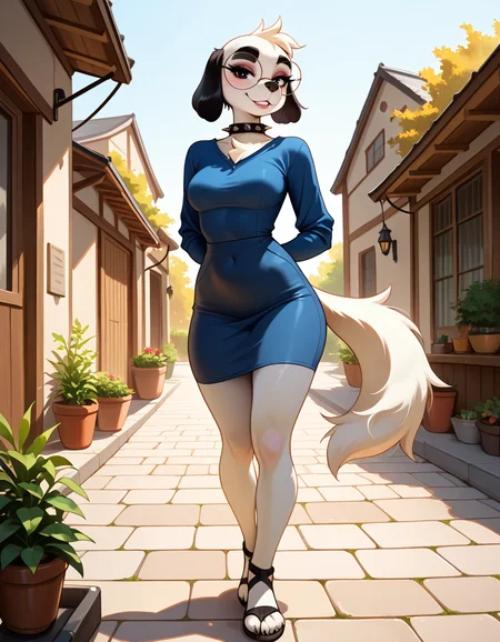 masterpiece, best quality, very aesthetic, absurdres,
outdoors,
standing, posing,
full body, seductive smile, parted lips, long eyelashes,
<lora:Molly_v01_NAIXL:1>
Molly,1girl,solo,furry,furry female,dog girl,dof ears,short hair,black eyes,thick eyebrows,round eyewear,snout,animal nose,spiked collar,body fur,white fur,dog tail,
