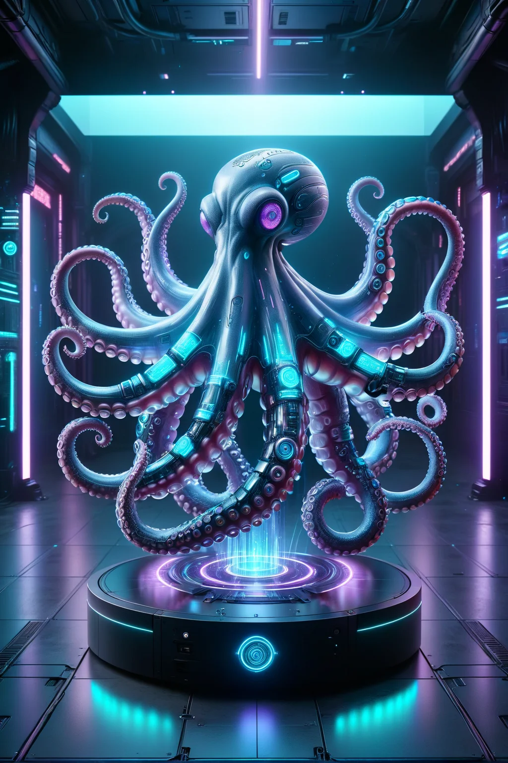DonMH010D15pl4yXL cyberanimals, teal and purple holographic translucent display of an octopus, cyberpunk<lora:Neon_Cyberpunk_SDXL_Cyberanimals:0.8> <lora:DonMH010D15pl4yXL:0.8>, <lora:EnvyBetterHiresFixXL01:1>, RAW photo, subject, 8k uhd, dslr, soft lighting, high quality, film grain, Fujifilm XT3