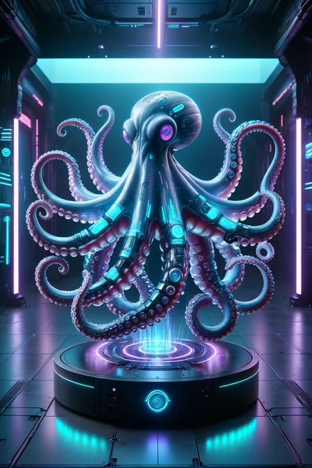 DonMH010D15pl4yXL  cyberanimals, teal and purple holographic translucent display of an octopus, cyberpunk<lora:Neon_Cyberpunk_SDXL_Cyberanimals:0.8> <lora:DonMH010D15pl4yXL:0.8>, <lora:EnvyBetterHiresFixXL01:1>, RAW photo, subject, 8k uhd, dslr, soft lighting, high quality, film grain, Fujifilm XT3