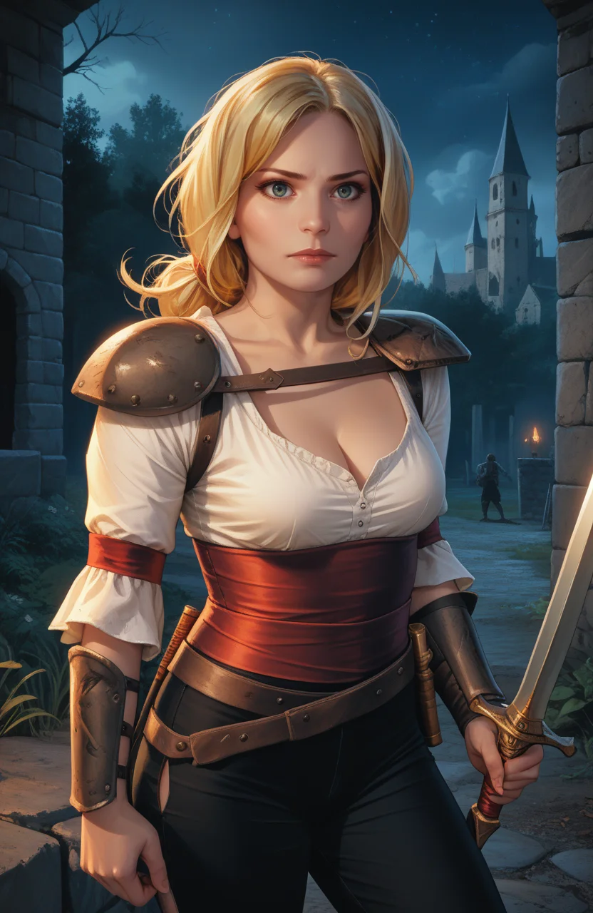 score_9, score_8_up, score_7_up, score_6_up, score_5_up, score_4_up, realistic, photoshop \(medium\), <lora:Valeria_t2-000008-128:1.0> 1girl, Valeria, blonde, large breasts, cleavage, shoulder pads, arm guards, holding one sword, pants, solo
, outdoors, darkness, at night, dark environment, medieval