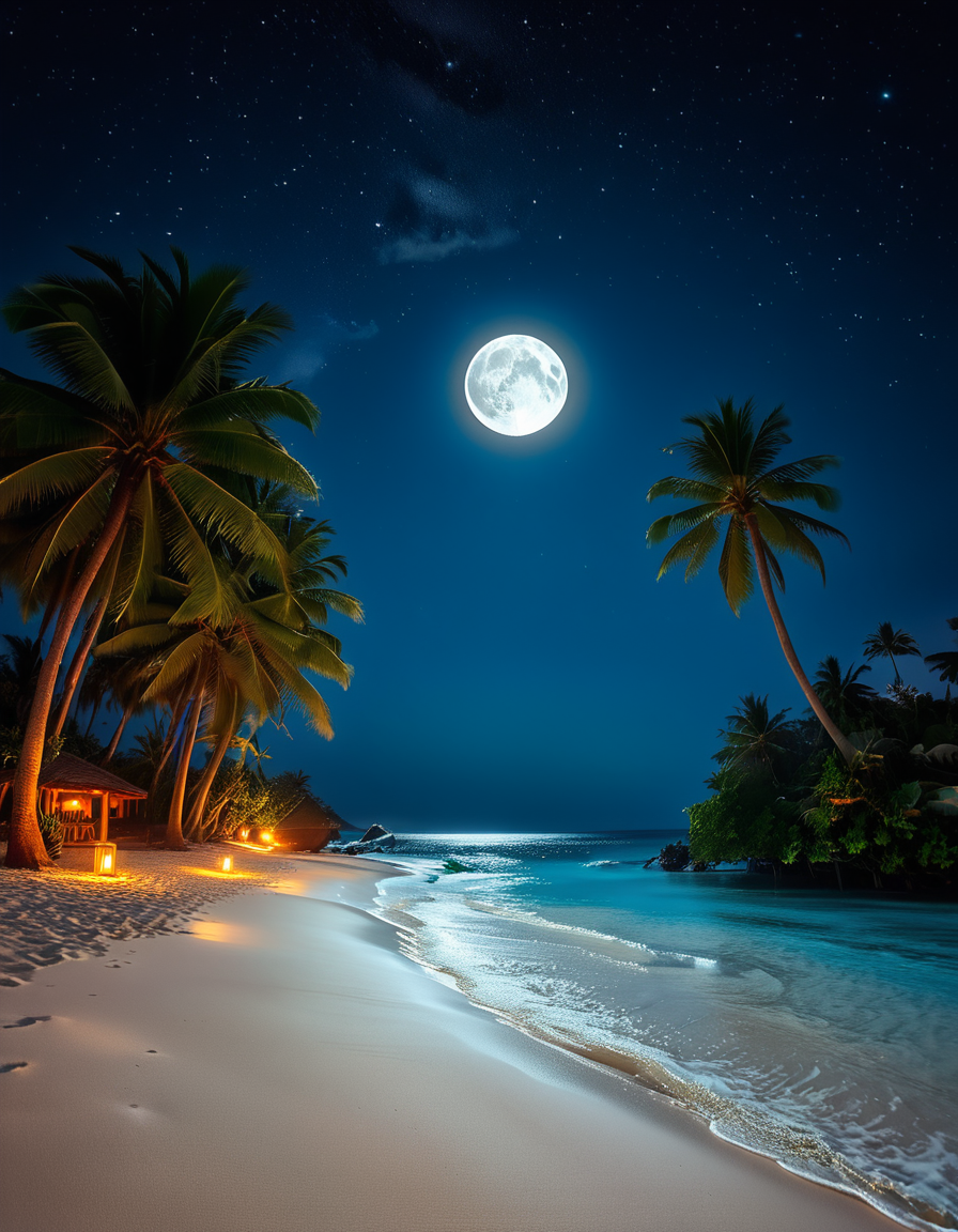 A breathtaking tropical beach at night, illuminated by the soft glow of the moon and twinkling stars. The ocean waves gently lap against the shore, reflecting silver moonlight. Tall palm trees sway slightly in the warm night breeze, their silhouettes contrasting against the deep blue sky. The sand appears smooth and slightly damp, glowing under the moonlight. In the background, distant islands are faintly visible on the horizon, their outlines softened by a light mist. The sky is filled with a mesmerizing display of stars, with the Milky Way faintly visible. The atmosphere is tranquil and serene, evoking a sense of peace and wonder. The image has a high level of detail, realistic textures, and a dreamy cinematic quality.
<lora:SDXLFaeTastic2400:0.4> <lora:extremely_detailed:0.4> extremely detailed,  <lora:tropical_beach_4t_n1ght:1>,tropical beach 4t n1ght, Masterpiece,best quality,hi res,8k,hi res,8k,award winning,(sharp focus, intricate, highly detailed),