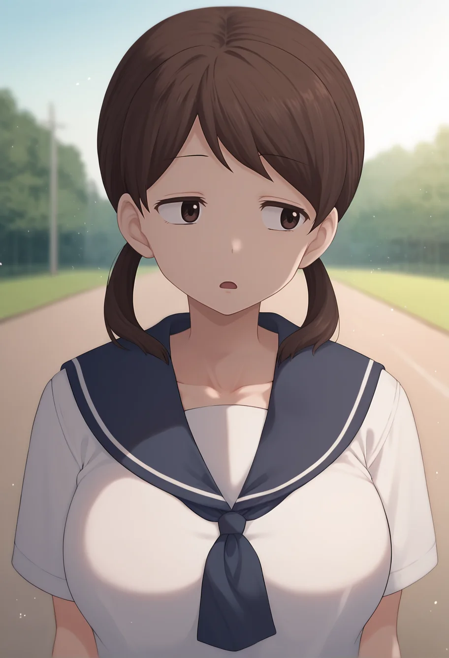 by_terasu mc,score_8_up, outdoors,school,depth of field,blurry background,light particles, solo, <lora:nao-v22-pdxl-000008:1> girlnao, medium hair,school uniform,serafuku,brown hair,brown eyes,large breasts,looking away,low twintails,expressionless, open mouth,