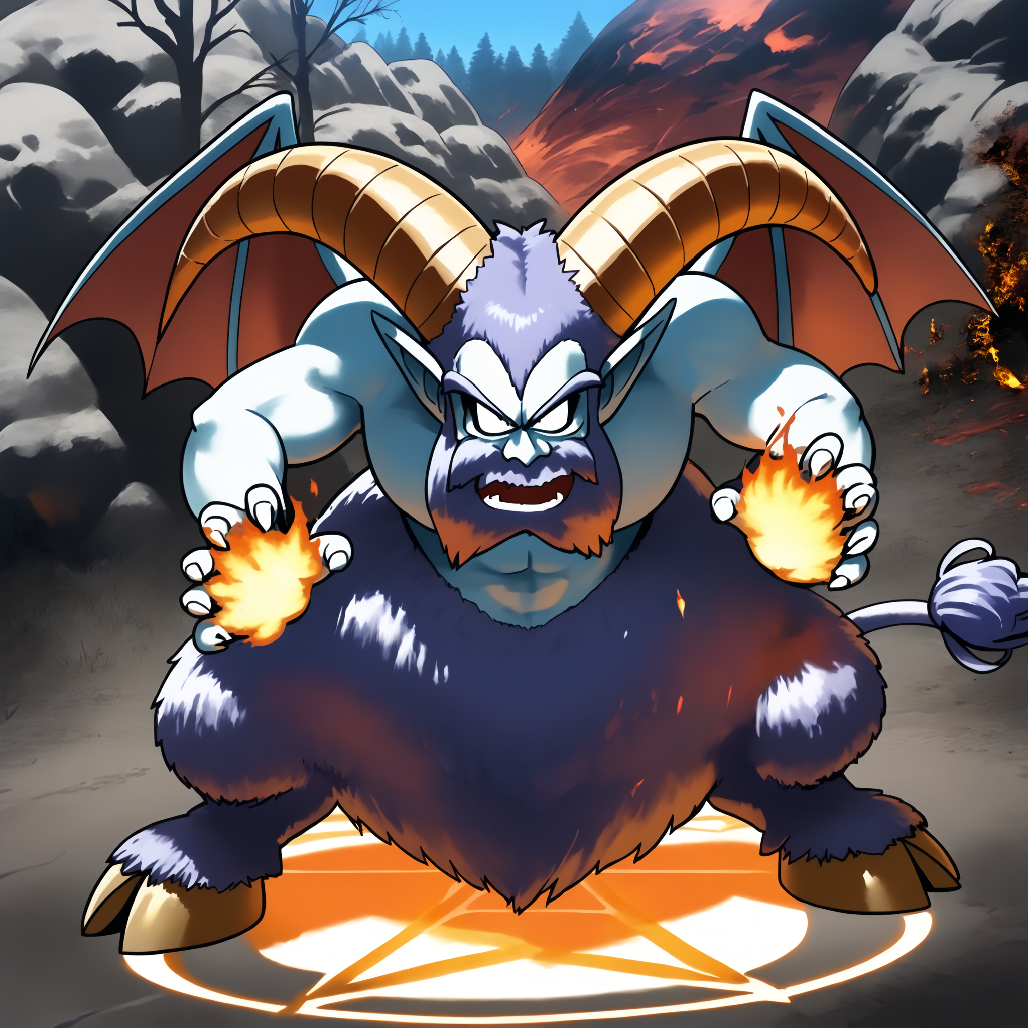 score_9,score_8_up,score_7_up,best quality,masterpiece,super detailed,extreme detailed,full_body,zPDXL,source anime BREAK nature,forest,no humans,
<lora:Pony_DetailV2.0:1>,barbatos_(dq),demon horns,demon wings,demon tail,<lora:barbatos_(dq):1>,fighting stance,shouting,serious,arms_up,magic,fire,magic circle,open mouth,looking at viewer,