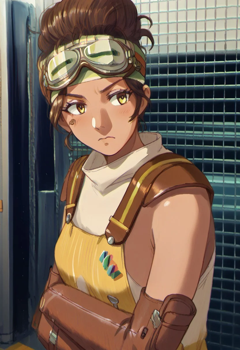 ,bpb1,2d,Score_9, score_8_up, score_7_up, score_6_up, 1girl,( pvrti:1.3), goggles, crossed arms, goggles on head, solo, brown hair, brown eyes, screen, gloves, upper body, science fiction, 1girl, female focus, dark skin
