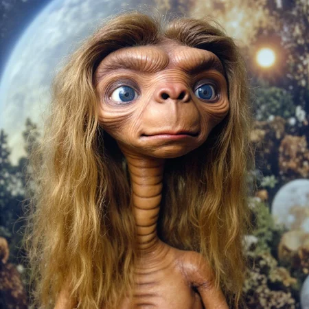 e.t., an alien with big blue eyes with 1980s Big Hair style woman's hair