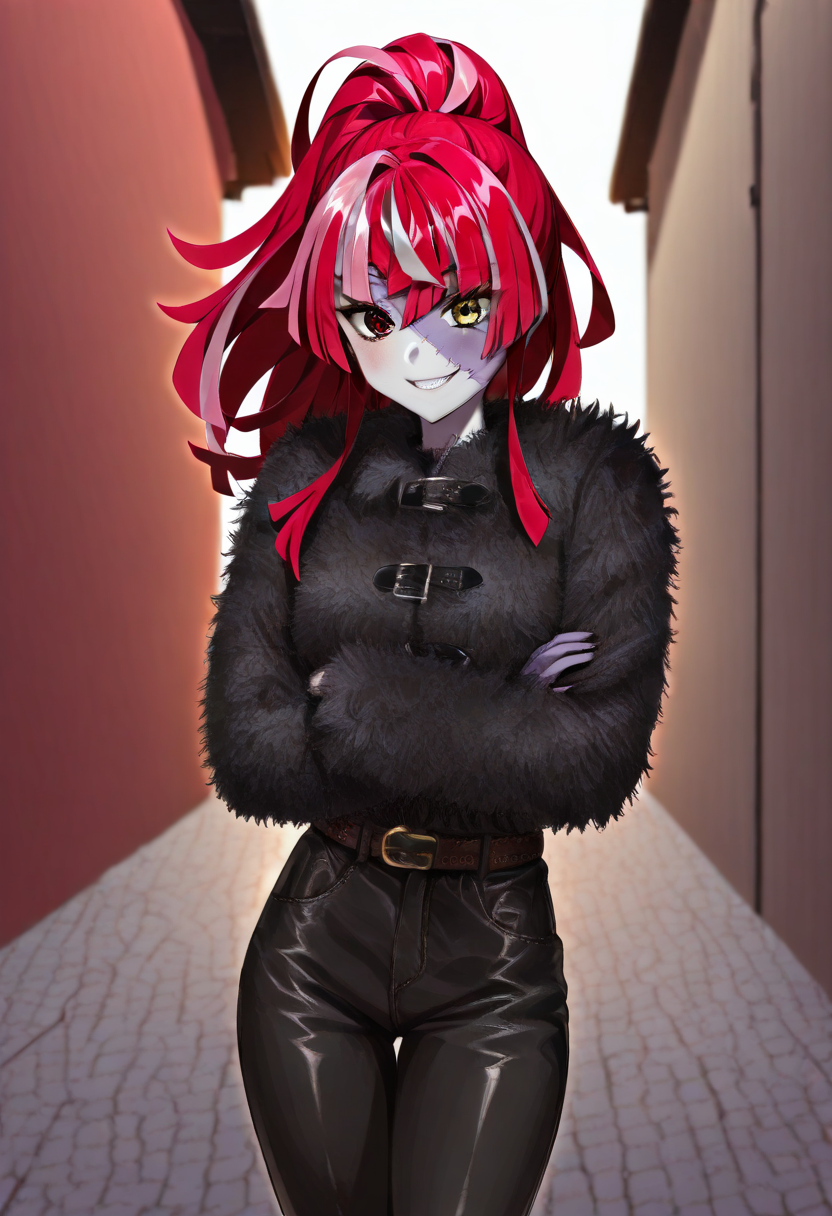 Kureiji_Ollie, kureiji ollie,1girl, mature femele, outdoor, cross arms, street, smile, ponytail, long hair, lack fur coat, belt, long sleeves, sleeves past wrists, black pants zombie, patchwork skin, heterochromia, red eyes, yellow eyes <lora:Kureiji_Ollie:2><lora:FurCroppedCoatwithLeatherStrapsILL:1.7>