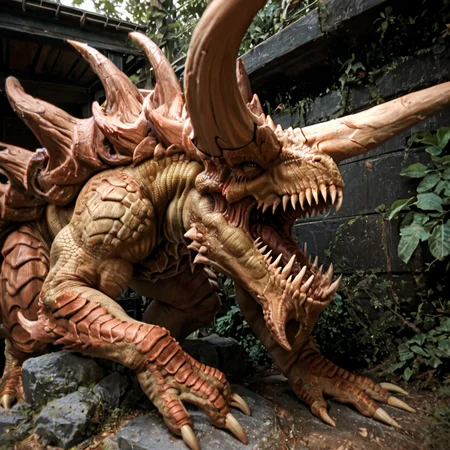 PDXLxxx, score_9, score_8_up, , score_7_up, score_6_up, source_furry, source_monster, raw, photo, 1dk, portrait, tarrasque, no humans, claws, sharp teeth, monster, horns, tail, scales, <lora:Tarrasque-000006:.8>