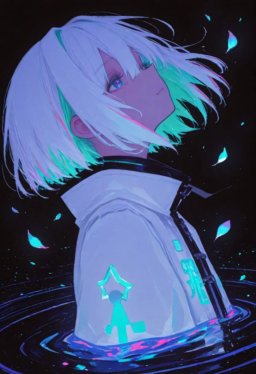 amane_kanata, JNANX,solo,woman,luminous white silhouette,neon flowers,magenta petals,cyan glow,emerald highlights,flickering outline,dreamlike movement,rippling colors,drifting embers,infinite black background,psychedelic colors,ethereal,futuristic surrealism,gw,glowing,night,night sky,trippy,