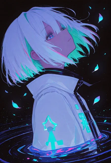 amane_kanata, JNANX,solo,woman,luminous white silhouette,neon flowers,magenta petals,cyan glow,emerald highlights,flickering outline,dreamlike movement,rippling colors,drifting embers,infinite black background,psychedelic colors,ethereal,futuristic surrealism,gw,glowing,night,night sky,trippy,