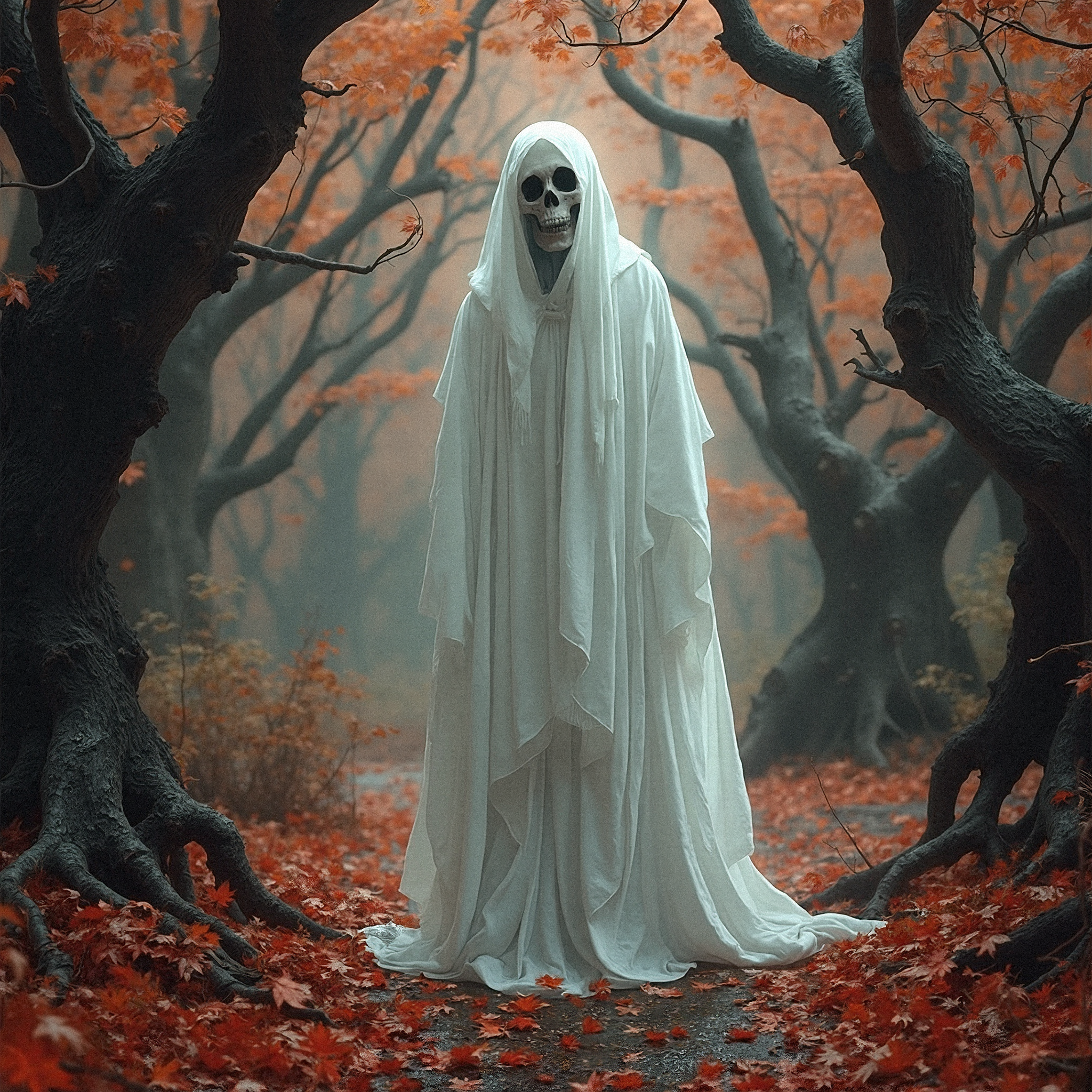 a photorealistic scene of a ghostly figure in an autumnal forest. The figure is draped in a flowing white robe, shrouding its body and face, with only hollow black eyes and a small, dark mouth visible, giving it a spectral yet serene appearance. The forest is populated with ancient, gnarled trees whose twisted branches reach toward the ghost, their bark rich with texture and detail, showing signs of age and decay. The forest floor and the ghost’s robe are scattered with red and orange leaves, their vibrant colors contrasting with the figure’s ethereal white. The background is a warm palette of deep reds, burnt oranges, and browns, evoking the essence of a mist-laden forest at dusk. Gentle shadows and soft ambient light filter through the trees, enhancing the ghost’s eerie glow and creating an atmospheric blend of tranquility and mystery. The scene captures a surreal beauty, where nature’s decay and the otherworldly presence of the ghost coexist in a hauntingly beautiful harmony.

With arms draped across the shoulders, creating a cloak-like effect.
