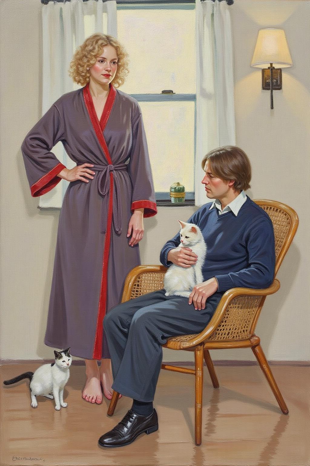 helenmcnicoll2 painting.
 The image is a detailed, realistic painting depicting a serene, intimate scene set in a softly lit room. The artwork features two people and a cat. The woman stands on the left, dressed in a long, dark purple robe with a red trim, which falls to her feet. She has curly blonde hair and a contemplative expression, standing with one hand on her hip. To her right, a man sits in a modern, mid-century modern chair with a wicker backrest. He has medium-length brown hair and is dressed in a dark blue sweater and dark pants. He holds a white cat in his lap, which is gazing at the woman.   <lora:helenmcnicoll2_cap_d6a3:1.0><lora:838474291881261246:0>