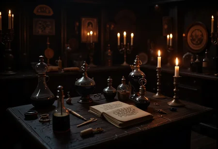 A candlelit room with an alchemistâs table, covered in mysterious tools, scrolls, and bubbling potions. bv-daraca<lora:bv-dark-academia-v1.safetensors:1.0:1.0>