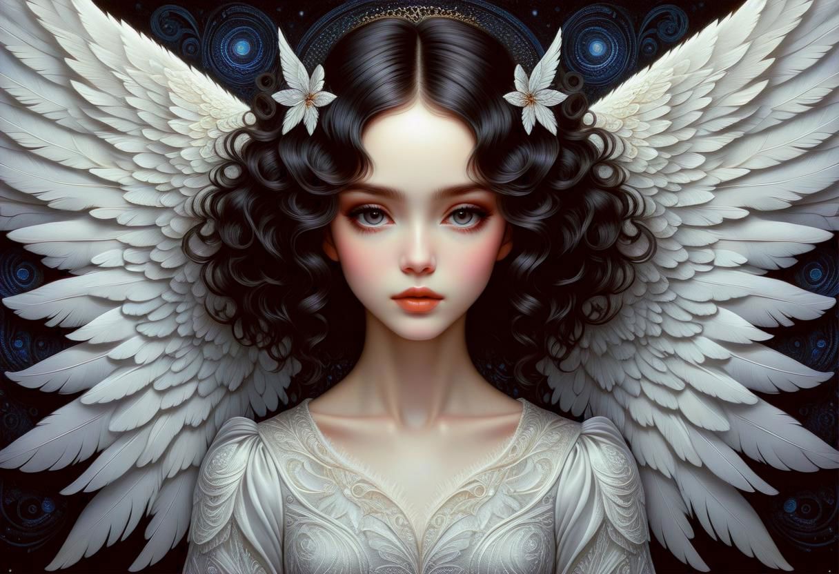 hyper detailed beautiful angel, coherent delicate face, wavy luxurious hair, intricate feathery wings, on black velvet canvas, centered composition, rule of thirds, drop shadowed, art by gorjuss, tim burton, margaret keane, charlie bowater, tom wood, keith garvey