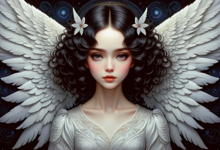 hyper detailed beautiful angel, coherent delicate face, wavy luxurious hair, intricate feathery wings, on black velvet canvas, centered composition, rule of thirds, drop shadowed, art by gorjuss, tim burton, margaret keane, charlie bowater, tom wood, keith garvey