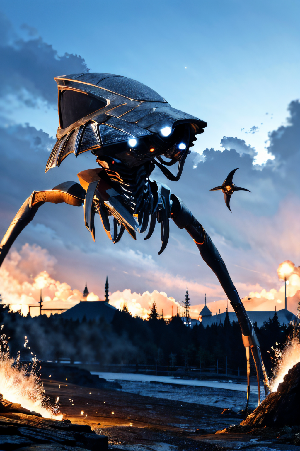 (view from front), explosions in the background, night sky, (Realisitc:1.5), giant alien EdobTWOTWTripod creature with claws, <lora:EdobTheWarOfTheWorldsTripod_v1.0:1>