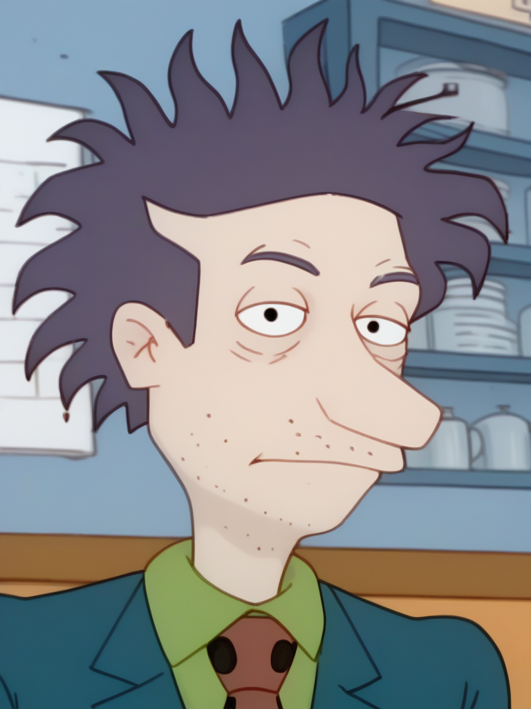 <lora:Stu Pickles - PDXL:1.65> stu_pickles, dark blue hair, short messy hair, stubble, black eyes, light skin, long sleeves, dark blue, buttondown shirt, green undershirt, red tie with black polka_dot, portrait, (looking at viewer:1.2),, source_cartoon, score_9, score_8_up, score_7_up,