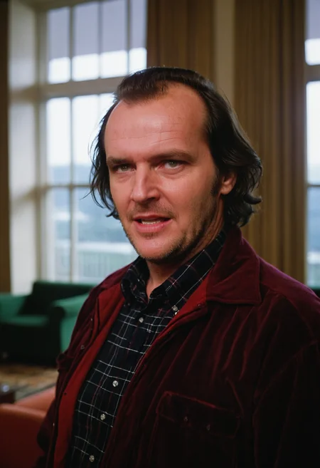 Shin1ng, Jack Torrance, man, closeup, lounge, Overlook Hotel, indoors, (windows, bright natural light, film grain)