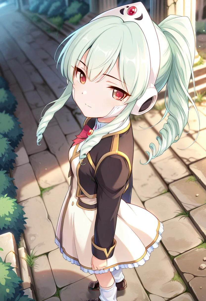 medium depth of field, rule of thirds, masterpiece-level, clean lines, sharp, focused subject, minimalistic composition, masterpiece, amazing quality, best quality, anime screencap, detailed face, detailed eyes, detailed outfit, face focus,
general,highres, ultra-detailed,very aesthetic,best quality ,best hands,
Princess Connect game style, official art clothes,
BREAK 1girl, ga_vanilla, green hair, ponytail, sidelocks, drill hair, bangs, red eyes,
jyojifuku, dress, long sleeves, jacket,school uniform,loafers,
loose socks,
(small breasts:1.5), sagging breasts,
from side, from above,
standing, floating hair, happy, light smile, looking at viewer,
(Ruins, stone pillars, bushes),