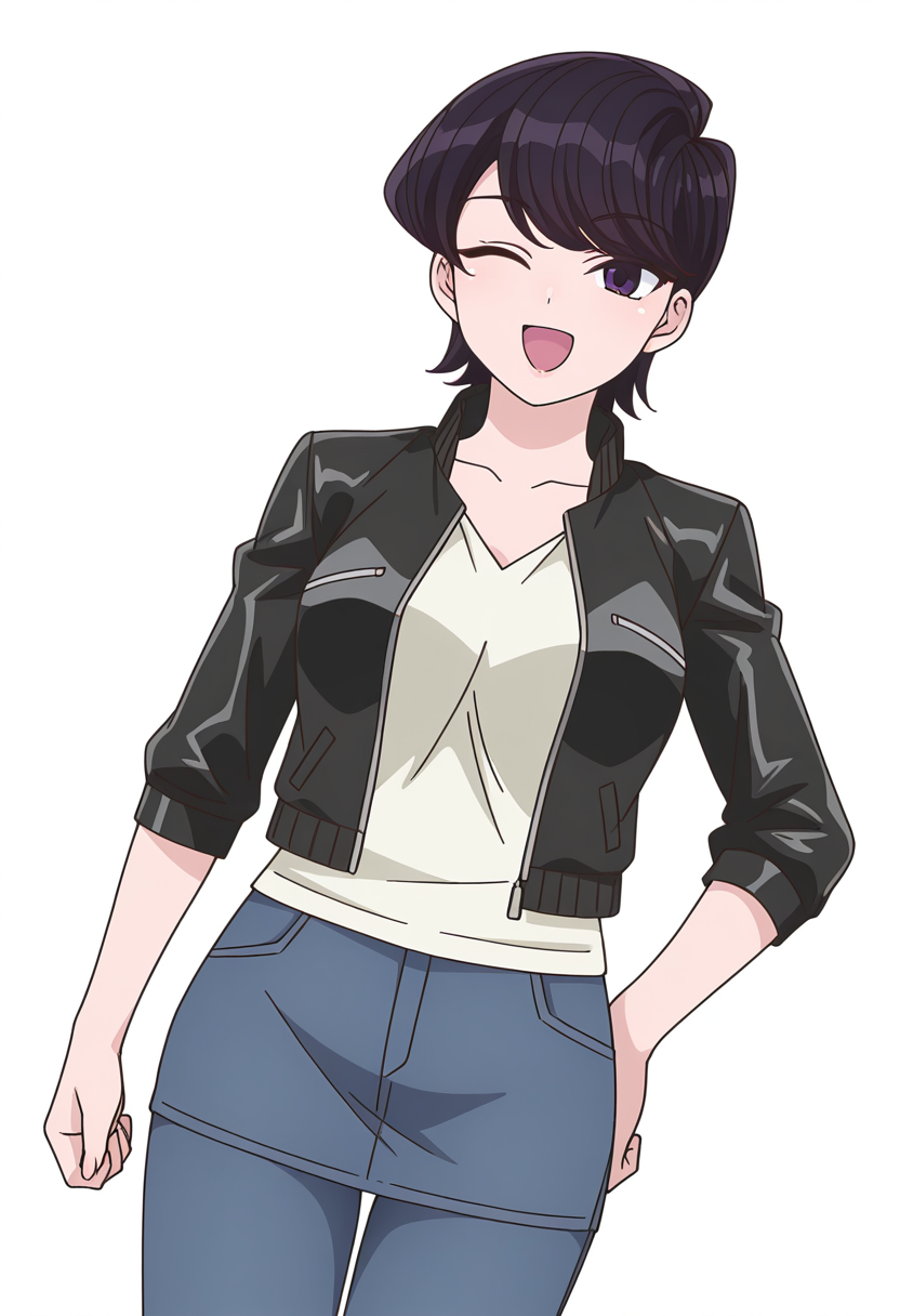 Smooth Quality,masterpiece,very intricate, high quality details, ultra realistic, high detailed skin,detailed enviorement,
simple background, white background,dutch angle,;d,
 short skirt,,bishop sleeve blouse,  ,biker jacket,  , <lora:Komi_Shuuko_cnn:0.8> komishuukocnn, 1girl,black hair, short hair, bangs, purple eyes,mature female,shirt, jeans, short sleeves,