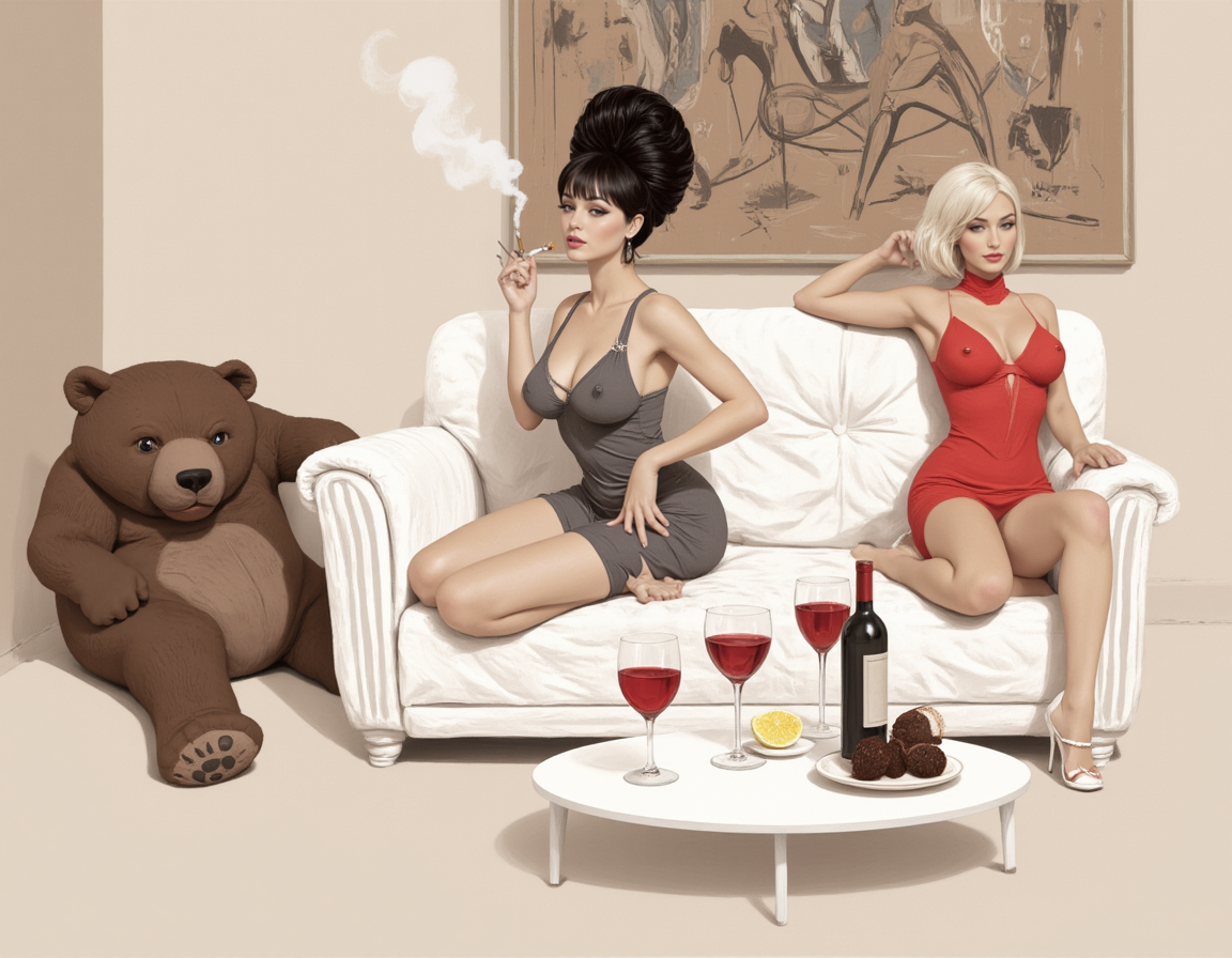 <lora:vk:1>, This image is a digital illustration with a surreal, whimsical style. The scene takes place in a modern, minimalist living room with light brown walls and a beige floor. In the center, a large white sofa with geometric patterns is occupied by two women. The woman on the left has dark hair styled in an exaggerated, voluminous updo and is wearing a tight, sleeveless, gray dress that accentuates her slender physique. She is smoking a cigarette and has a confident, slightly mischievous expression. The woman on the right has platinum blonde hair styled in a sleek bob and is dressed in a form-fitting, red dress with a cut-out design on the chest, highlighting her curvy figure. She looks attentive, with a slight smile on her face., 
On the floor in front of the sofa is a large, brown, plush bear. In the foreground, there is a round, white table with a red wine bottle, two glasses of red wine, and a few small, dark objects that resemble chocolate truffles. A small, white plate with a slice of lemon and a cocktail glass with a red drink are also present. The background features a large, abstract painting with various geometric shapes and figures in muted tones. The overall atmosphere is relaxed yet slightly surreal, with