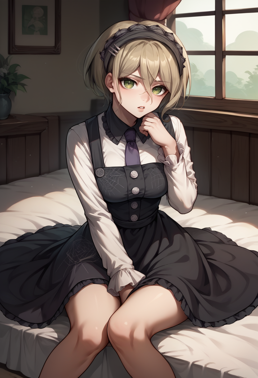 score_9, score_8_up, score_7_up, source_anime, 1girl, sitting, thinking, hand on own chin, parted lips, <lora:KirumiDR-pdxl:1> defKirumi, short hair, hair between eyes, maid headdress, pinafore dress, white shirt, large breasts, long sleeves, purple necktie, bare legs, indoors, bedroom