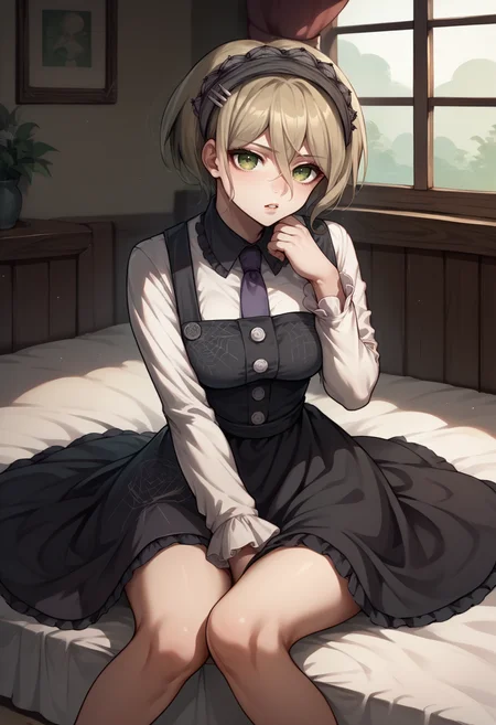 score_9, score_8_up, score_7_up, source_anime, 1girl, sitting, thinking, hand on own chin, parted lips, <lora:KirumiDR-pdxl:1> defKirumi, short hair, hair between eyes, maid headdress, pinafore dress, white shirt, large breasts, long sleeves, purple necktie, bare legs, indoors, bedroom