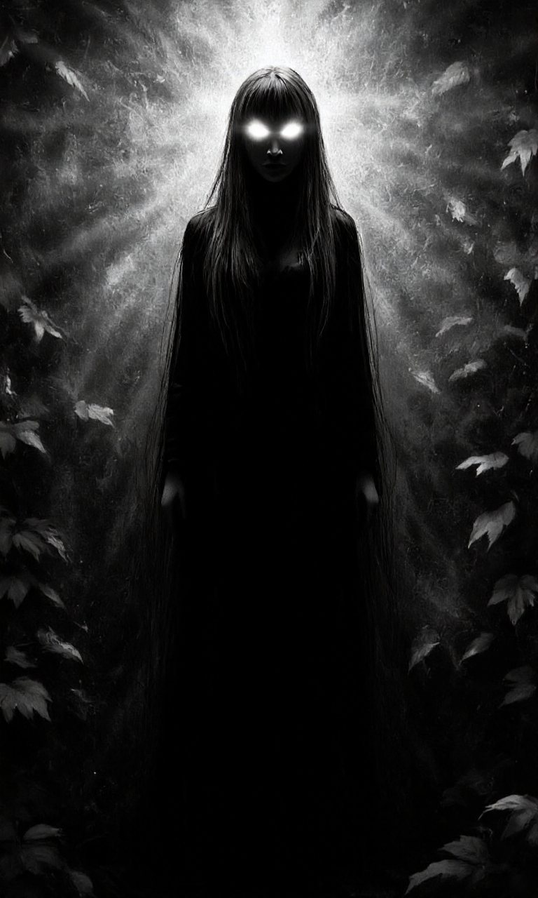 artwork depicting a mysterious, ethereal female figure set against a dark, shadowy background. The subject is a silhouette with an otherworldly glow emanating from her eyes, which are illuminated with a bright, almost blinding light. Her long, flowing hair cascades down her shoulders, adding to the sense of mystique. The figure appears to be standing or perhaps floating, as there are no discernible feet or legs. The background is a textured, almost abstract pattern of dark foliage or leaves, adding to the eerie atmosphere. The image is rendered in a high-contrast black and white, with the light from her eyes creating a stark contrast against the dark background. The overall style is reminiscent of gothic or fantasy art, with a focus on creating a haunting, almost supernatural ambiance. The texture of her hair and the glow from her eyes suggest a digital medium, possibly created using advanced digital painting techniques. The artwork evokes a sense of mystery and otherworldliness, drawing the viewer into a realm beyond the ordinary., aidmaimageupgrader, aidmaMJ6.1