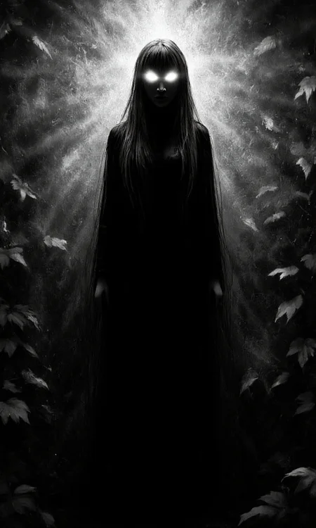 artwork depicting a mysterious, ethereal female figure set against a dark, shadowy background. The subject is a silhouette with an otherworldly glow emanating from her eyes, which are illuminated with a bright, almost blinding light. Her long, flowing hair cascades down her shoulders, adding to the sense of mystique. The figure appears to be standing or perhaps floating, as there are no discernible feet or legs. The background is a textured, almost abstract pattern of dark foliage or leaves, adding to the eerie atmosphere. The image is rendered in a high-contrast black and white, with the light from her eyes creating a stark contrast against the dark background. The overall style is reminiscent of gothic or fantasy art, with a focus on creating a haunting, almost supernatural ambiance. The texture of her hair and the glow from her eyes suggest a digital medium, possibly created using advanced digital painting techniques. The artwork evokes a sense of mystery and otherworldliness, drawing the viewer into a realm beyond the ordinary., aidmaimageupgrader, aidmaMJ6.1