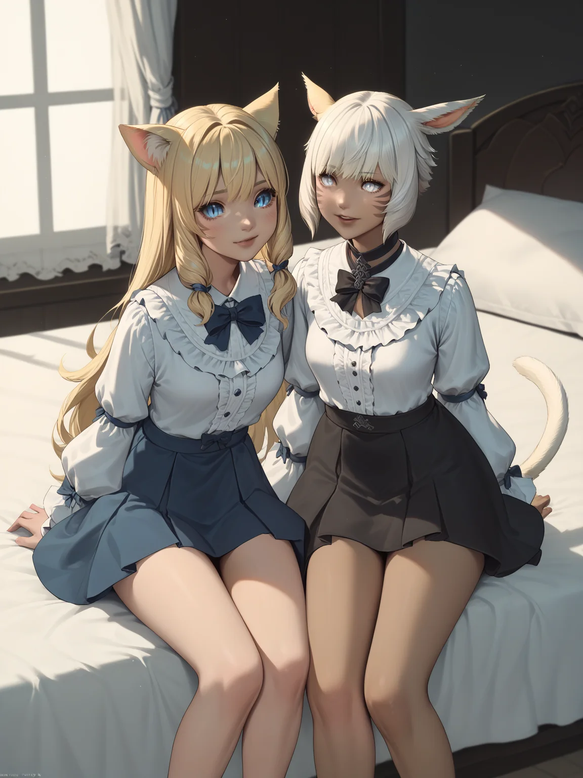 sscore_9, score_8_up, score_7_up,
2girls, (liesnow and y'shtola rhul)
cute night gowns, on bed, sitting together on bed BREAK
(liesnow, blonde hair, long hair, blue eyes, cat ears, cat tail, slit pupil, miqote) BREAK
(y'shtola rhul,final fantasy xiv,white hair,cat ears,short hair,miqo'te,dark skin,white eyes,)
<lora:Lievre_Snow:.75> <lora:honeybv3:.75>, <lora:FFXIV_Ryne:1>