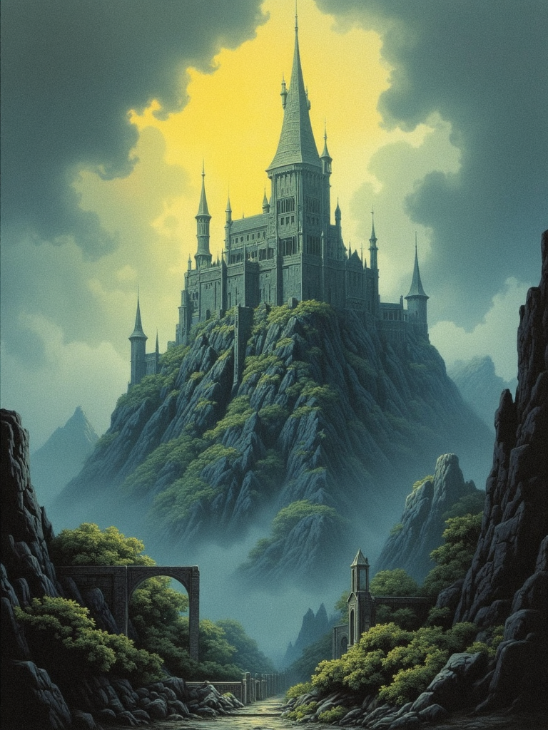 drkfnts style,  detailed fantastical depiction of a grand castle-like structure perched atop a rocky outcrop. The castle is bathed in a warm golden hue contrasting with the cool muted tones of the surrounding landscape. The sky above is painted in shades of deep blue and gray with a few wispy clouds adding depth to the scene. The castle itself is intricately designed with multiple spires turrets and a central tower with a pointed spire. The surrounding terrain is dense with trees and shrubs and there's a pathway leading to the castle with a stone archway at its base. The color palette is dominated by cool blues and greens punctuated by the warm golden tones of the castle, dark fantasy, film grain, dark and eerie atmosphere <lora:sxz-Dark-Fantasy-v2-Flux:1>