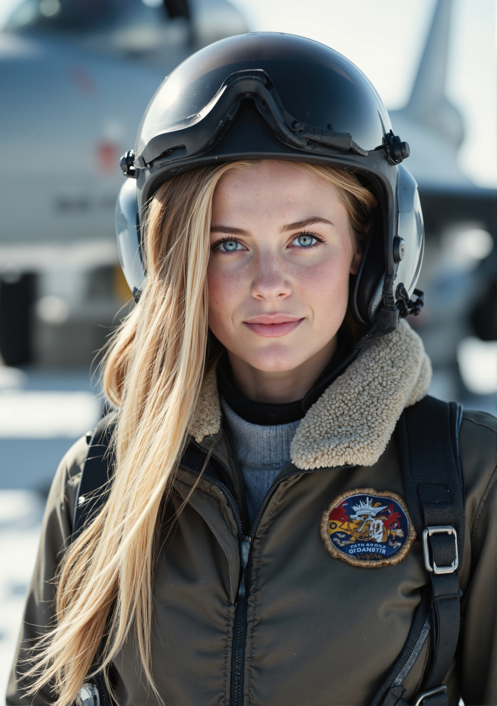cinematic film still  award-winning photography, photo of a beautiful blonde nordic girl girl, 18 years old, (smiling), weaing a flight helmet, beautiful lady with a determined look on her face, dressed in a fighter pilot uniform, standing in front of an snow battle Eurofighert typhoon jet plane  intricate detail, absurdres, masterpiece, realistic, 1dk, Sunny winters day.  Calm and beautiful., many details, cute, adorable, fairytale, storybook detailed illustration, cinematic, ultra highly detailed, beautiful details, vibrant colors, complex background, fine art, best quality, hyper detailed, professional poster art, bold lines, award winning,  (intricate details, masterpiece, best quality:1.4), aesthetic and beauty, astounding details, high depth of field, f/4, framing, breakthrough, collodion process, soft particles, ageless atmosphere, (maroon and marigold colors:0.1),dark, chiaroscuro, low-key, nipples, . shallow depth of field, vignette, highly detailed, high budget, bokeh, cinemascope, moody, epic, gorgeous, film grain, grainy