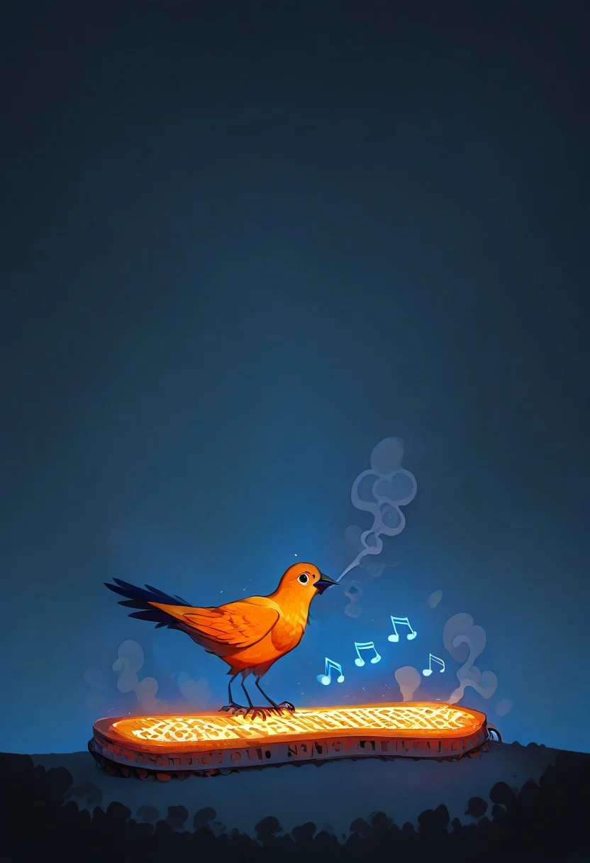 (masterpiece, best quality, high quality, good quality), Steam train made of orange peel on tracks, it's body is crafted from orange peel, smoke made of orange peel, blue sky, happy, humming, musical note, rainbow, sparkle, sunlight, bird, , pastel colors, colorful
,FFAnime Style, orange peel sinozick style