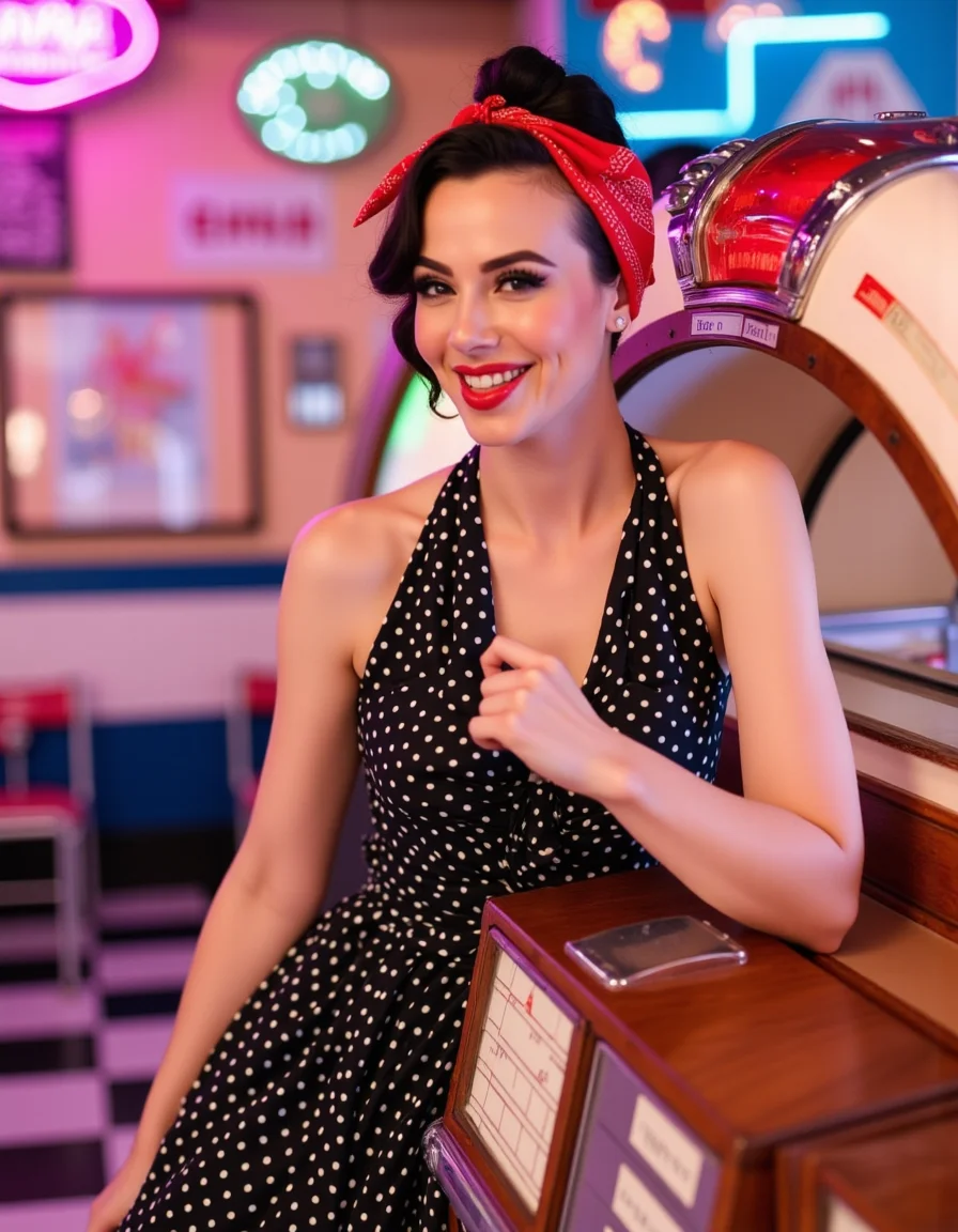 Rockabilly woman with a playful smile, wearing a polka dot halter dress with a cinched waist and a bright red bandana tied in her hair, leaning against a classic jukebox in a retro diner. Neon signs glow in soft pink and blue, casting dynamic reflections across the chrome and checkerboard floor. Shot with a vintage 1950s analog camera, slightly grainy texture, wide-angle lens capturing the nostalgic charm of the scene, warm lighting enhancing her vibrant lipstick and winged eyeliner. <lora:rockabilly8x:1> r0ckb1ll1v2, r0ckb1ll1