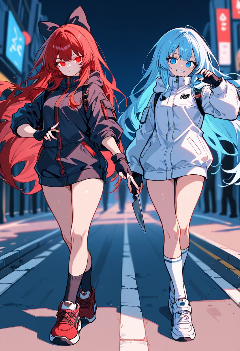 ((two girls)), blue hair, blue eyes, expressionless girl, red hair, red eyes, smile while showing one's teeth girl, thighs, beautiful hands, perfect hands, beckoning, (((bow and scrape))), (bowing), gaze, depth of field, long hair, beautiful eyes, perfect eyes, crossed legs, standing, knee socks, small breasts, young, knife in each hand, holding knife, fingerless gloves, large sports shoes, healthy skin, outdoors, residential area, (middle of street), clothes same color as hair color, dynamic pose, beautiful, very nice, high quality, facing front, ((symmetrical pose with two people)), black back, parka, Intact, Beautiful skin, perfect skin,anime eyes, douyin eyes, detailed eyes, high detail eyes, multicolored iris, detailed iris, full lashes, dark lashes,glowing eyes, detailed, high detail, solo focus, colorful, detailed character