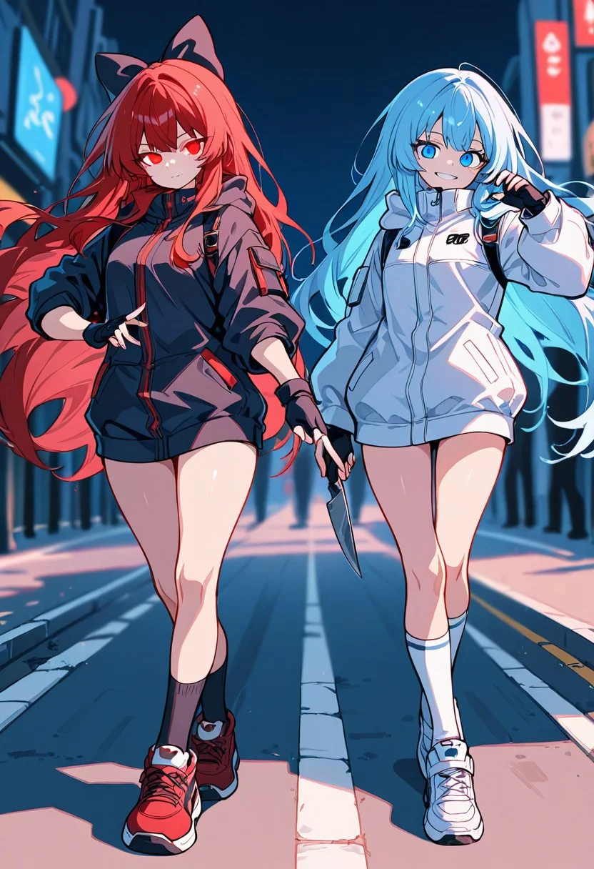 ((two girls)), blue hair, blue eyes, expressionless girl, red hair, red eyes, smile while showing one's teeth girl, thighs, beautiful hands, perfect hands, beckoning, (((bow and scrape))), (bowing), gaze, depth of field, long hair, beautiful eyes, perfect eyes, crossed legs, standing, knee socks, small breasts, young, knife in each hand, holding knife, fingerless gloves, large sports shoes, healthy skin, outdoors, residential area, (middle of street), clothes same color as hair color, dynamic pose, beautiful, very nice, high quality, facing front, ((symmetrical pose with two people)), black back, parka, Intact, Beautiful skin, perfect skin,anime eyes, douyin eyes, detailed eyes, high detail eyes, multicolored iris, detailed iris, full lashes, dark lashes,glowing eyes, detailed, high detail, solo focus, colorful, detailed character