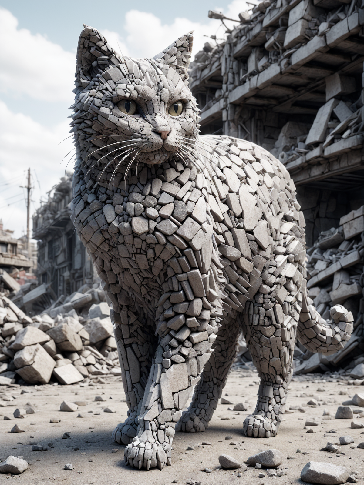 mad-rubble cat walking through junkyard, dynamic pose, <lora:Rubble_SDXL:0.8>, (masterpiece:1.2), best quality, (hyperdetailed, highest detailed:1.2), high resolution textures