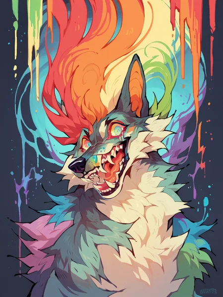score_9, score_8_up, score_7_up, score_6_up,  <lora:br1ghtXLP:1> br1ght, trippy, rainbow, wolf,